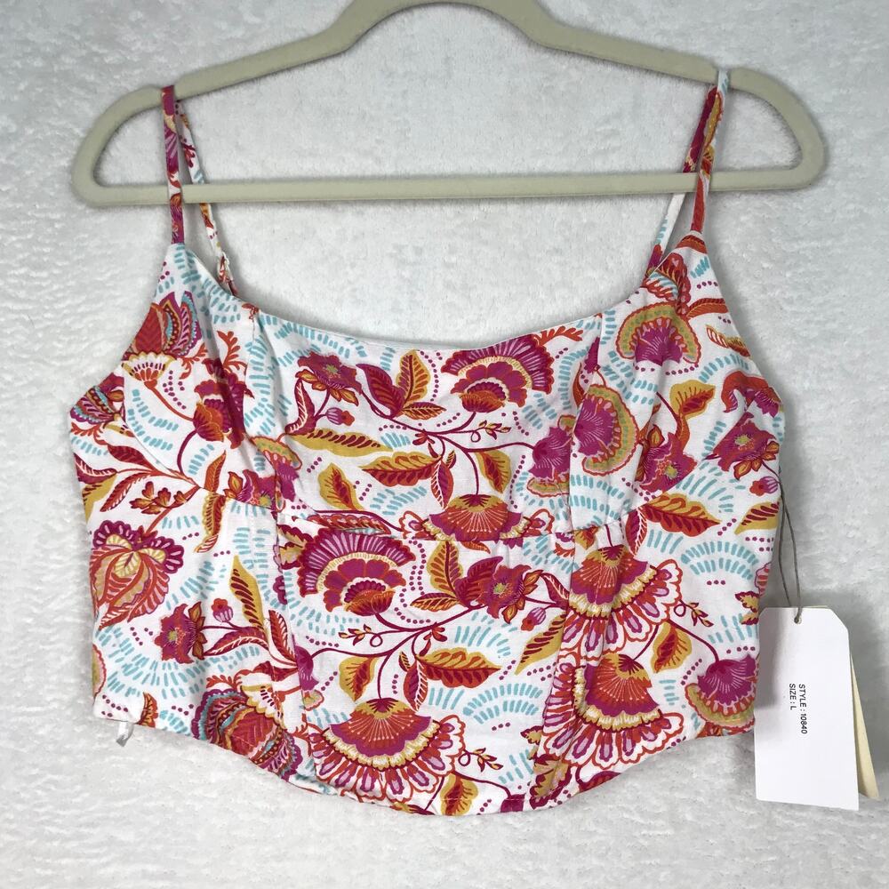 Midnight Sky Crop Top Large Floral Linen Corset Tank Handkerchief Coastal Resort